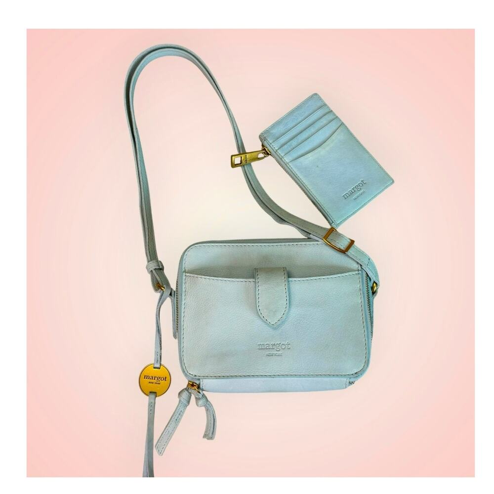 Margot NY Leather Crossbody Camera Bag Double Zip with Card Holder Wallet Blue